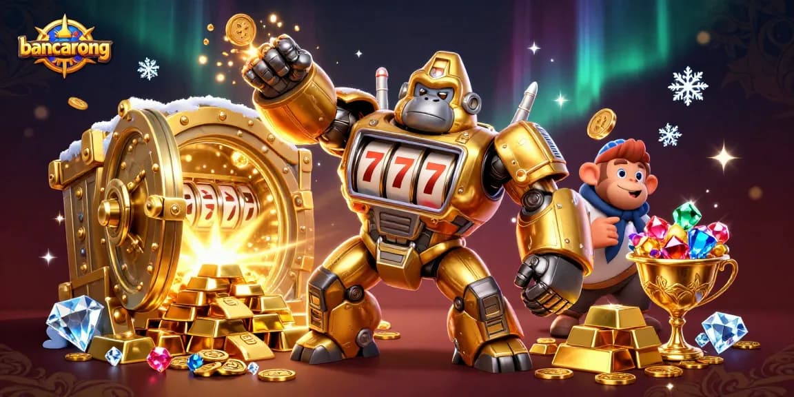 Bancarong casino illustration with a golden gorilla mech celebrating jackpots and riches.