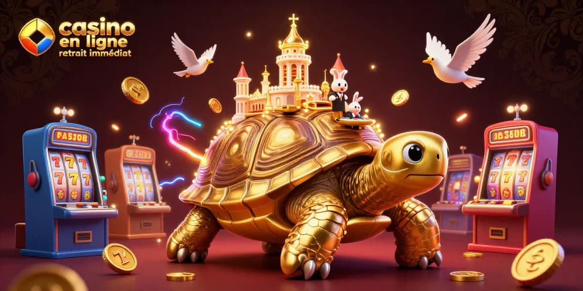 Gagnez avec casino en ligne retrait immédiat, illustrant une tortue d'or géante et un croupier en bunny.