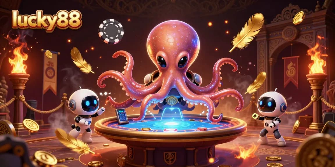 Experience high-stakes poker action with lucky88 illustrated as an alien octopus in a vibrant casino.