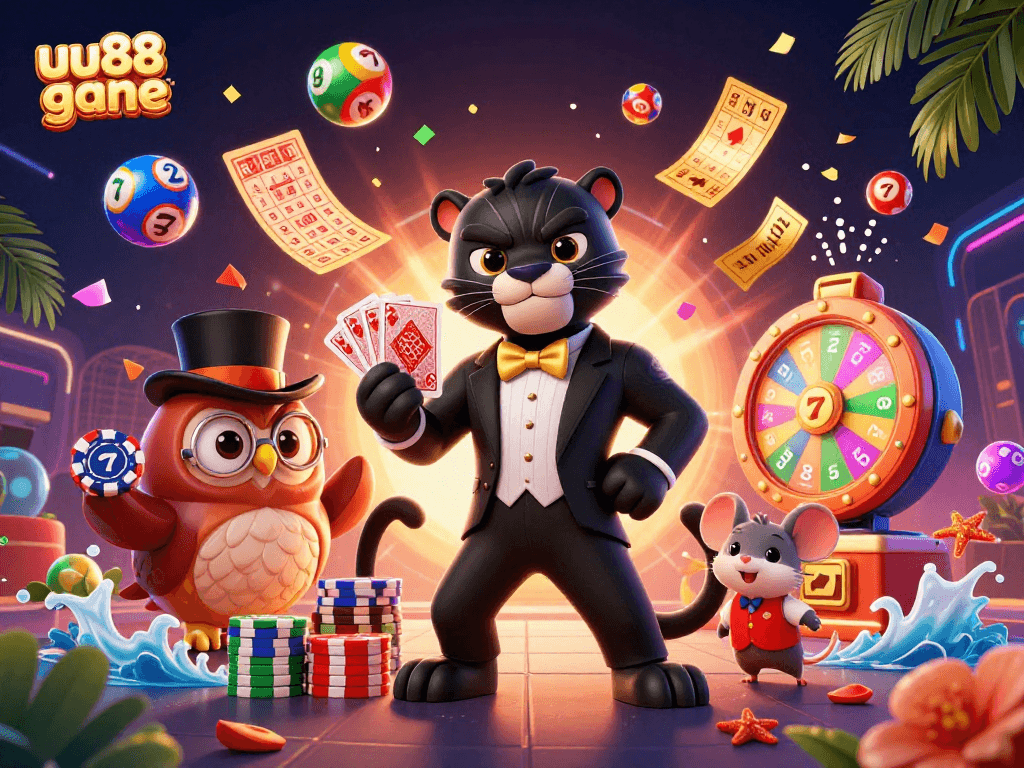 Engage in exciting gameplay at uu88 gane with a vibrant casino scene featuring a stylish panther dealing cards.