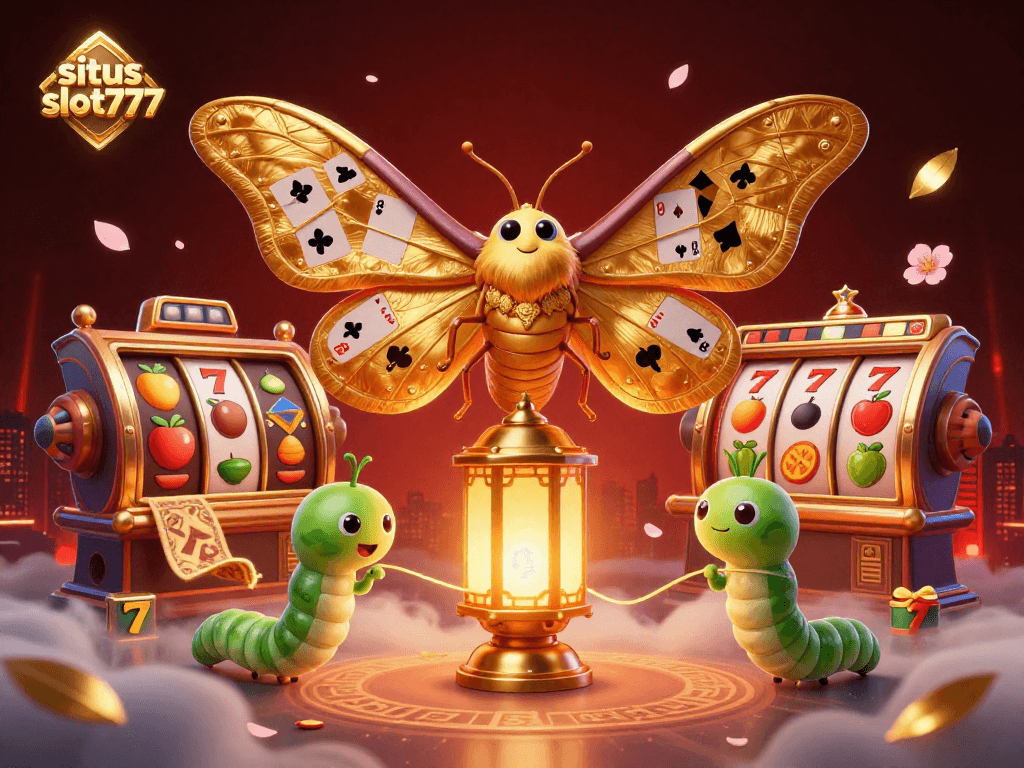 Experience high-stakes action at situs slot777, showcasing a vibrant 3D moth and lush casino symbols.