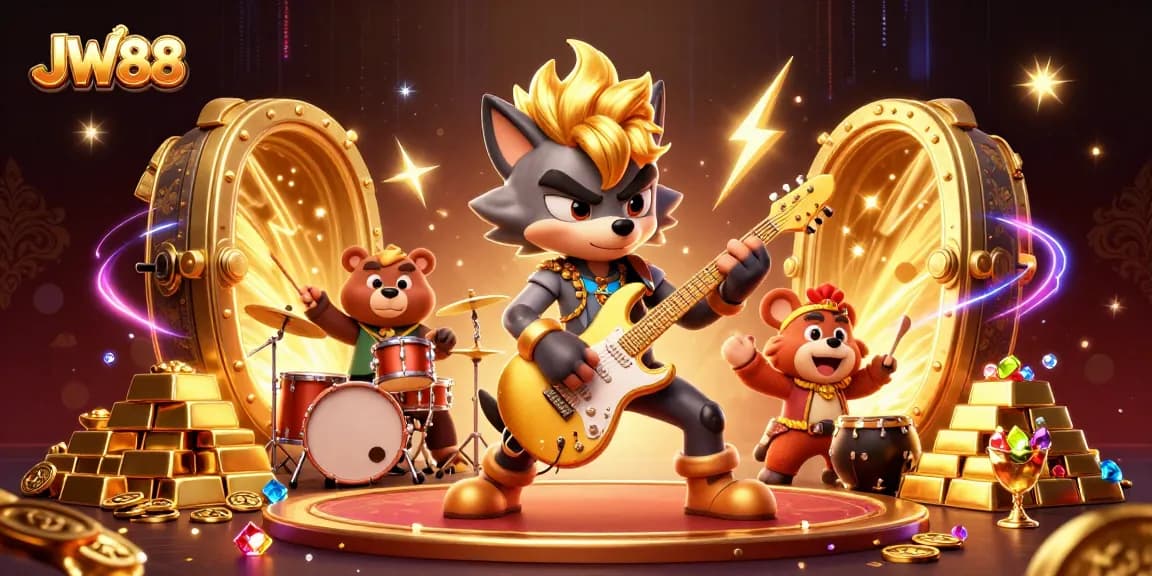 Experience thrilling gaming at JW88 with a dynamic illustration of a rock star wolf and a drummer bear on stage, surrounded by casino treasures.