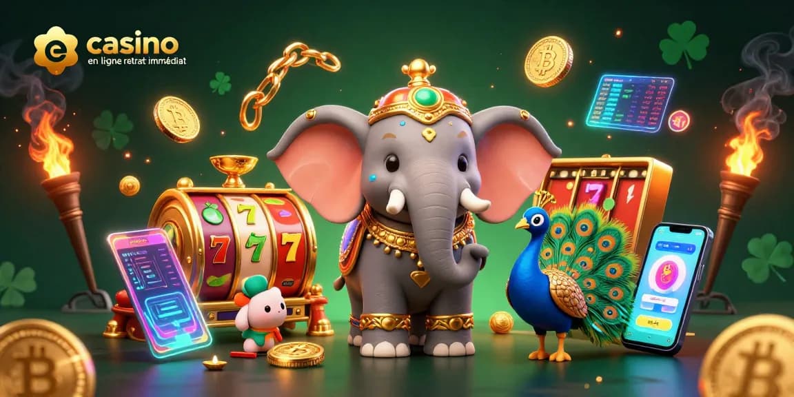 Une animation colorée de casino en ligne retrait immédiat mettant en valeur des symboles de chance avec un éléphant et un paon.