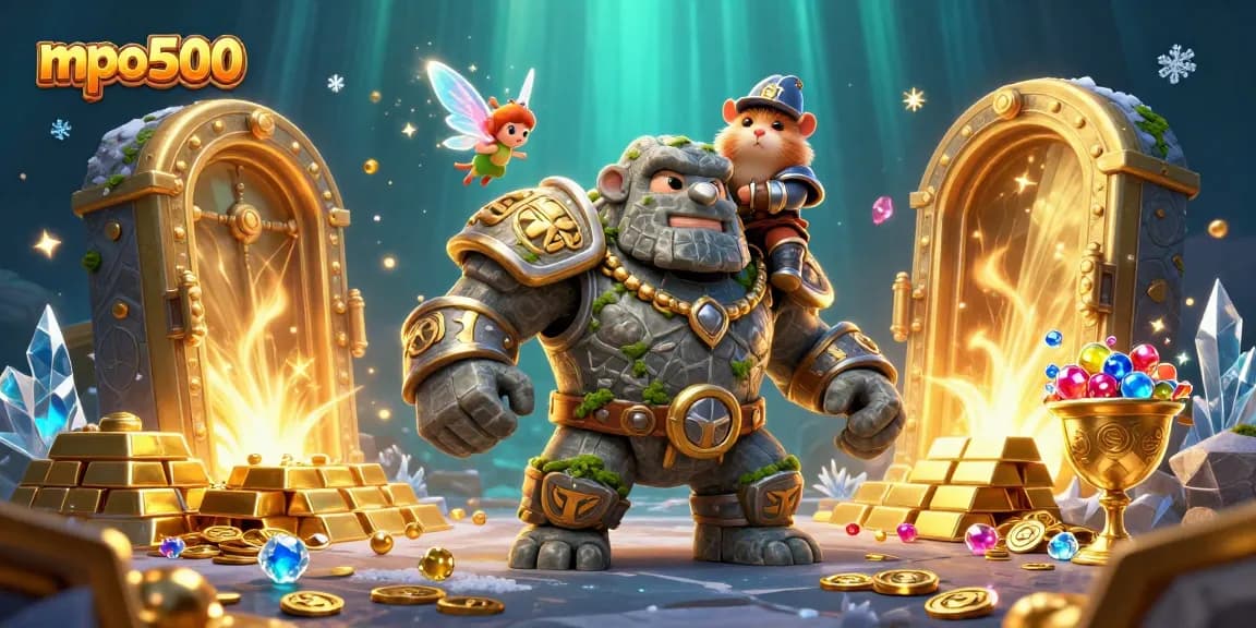 Experience the thrill of mpo500 as the magical golem guards a treasure chest bursting with gems.