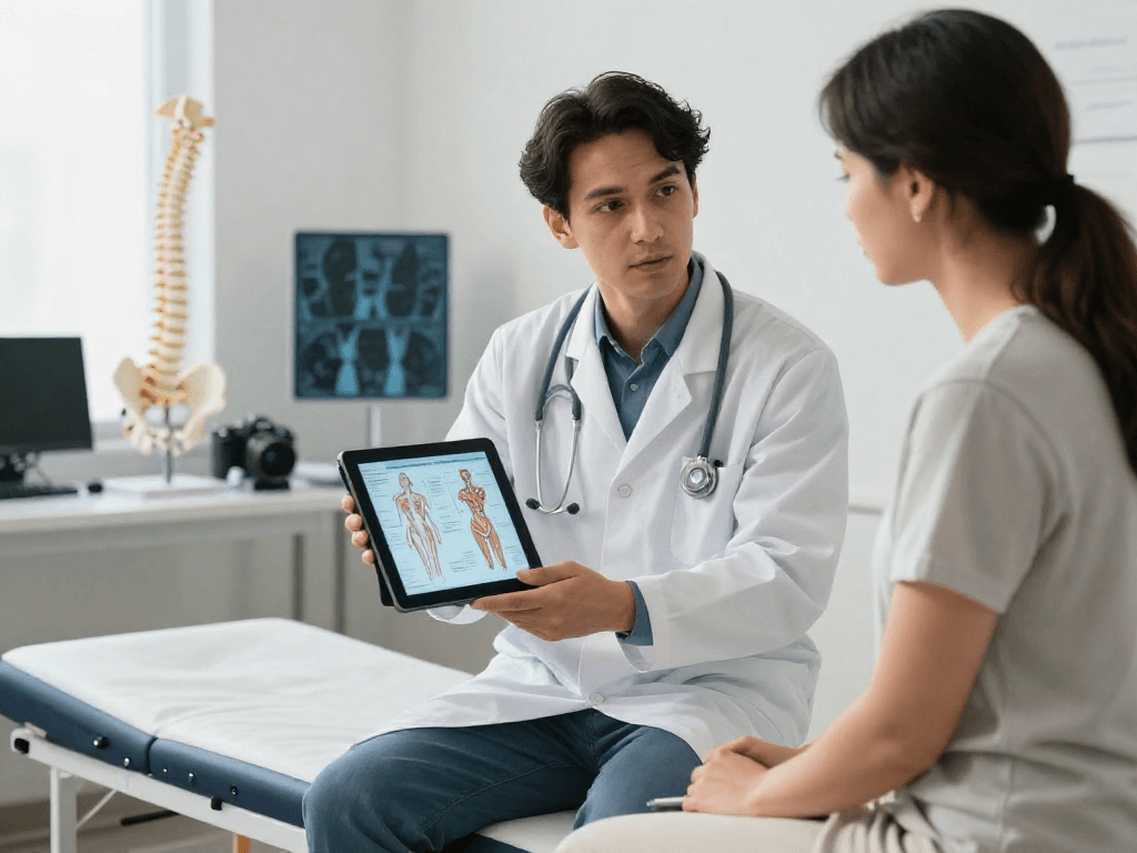 Understanding bel kayması ameliyatı during patient consultation with an orthopedic surgeon in a clinic.