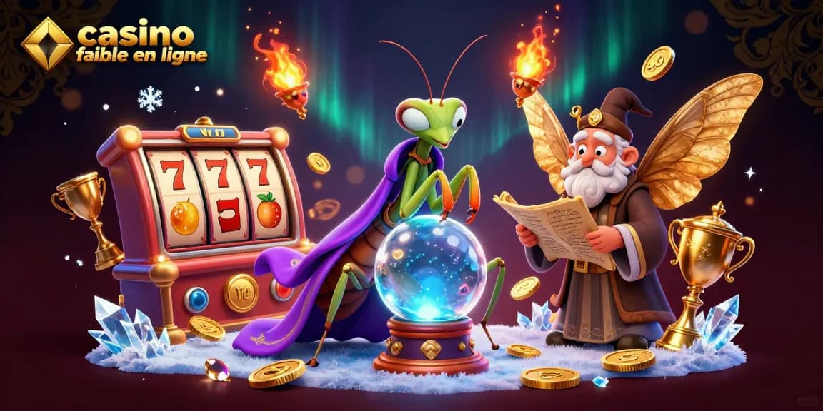 Illustration d'un casino fiable en ligne avec un manteau et un papillon entourés d'éléments de jeux.