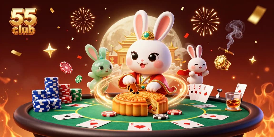 Experience winning moments at the 55 club with a moon rabbit surrounded by poker excitement.