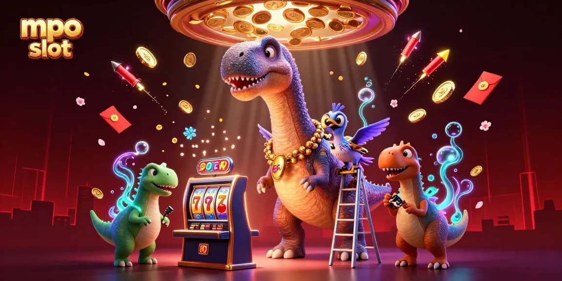 Engage in mpo slot excitement with a towering brontosaurus and clever raptor amid vibrant casino elements.
