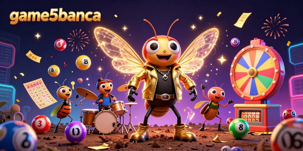 Join the excitement at game5banca with a vibrant, dynamic lottery celebration featuring colorful balls and stars!
