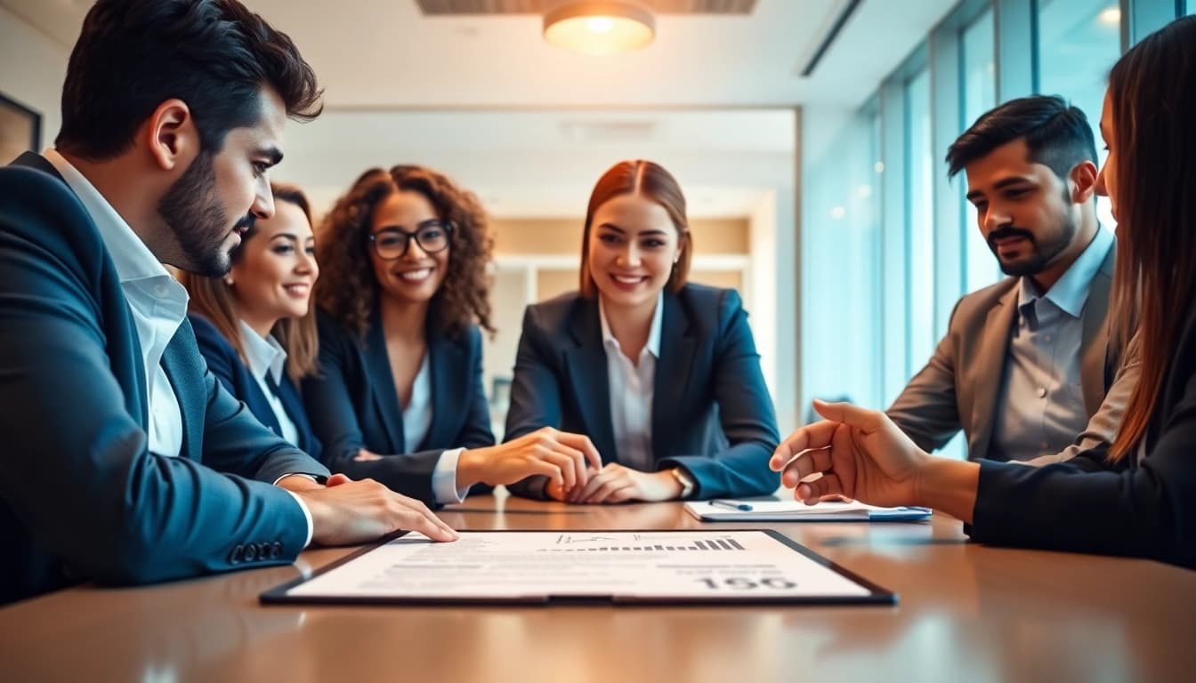 Visual representation of escrow services with businesspeople finalizing a secure transaction in a professional setting.