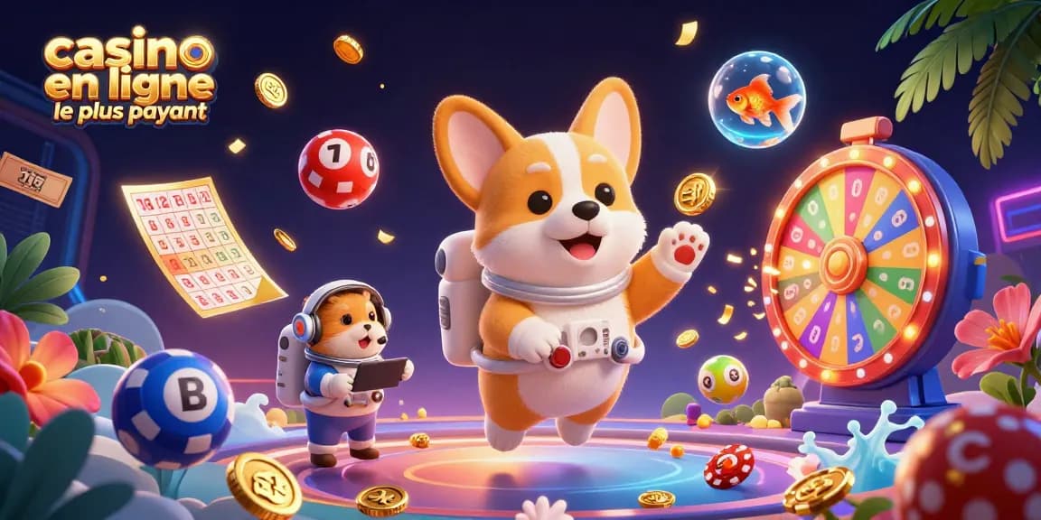 Développez vos chances avec le casino en ligne le plus payant, illustré par un corgi astronaute et des éléments de loterie flottants.