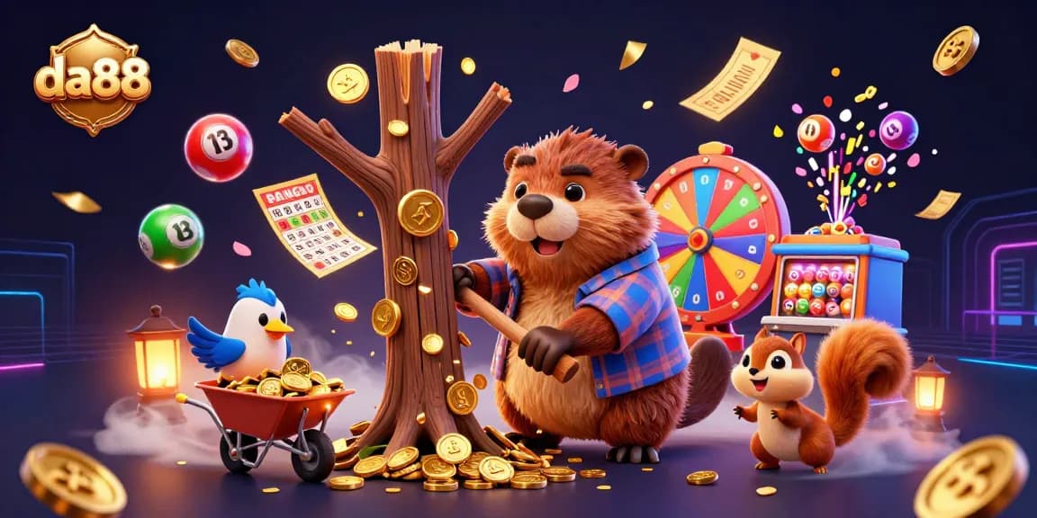 Explore thrilling gameplay at da88, featuring a lively scene of a beaver and friends collecting coins.