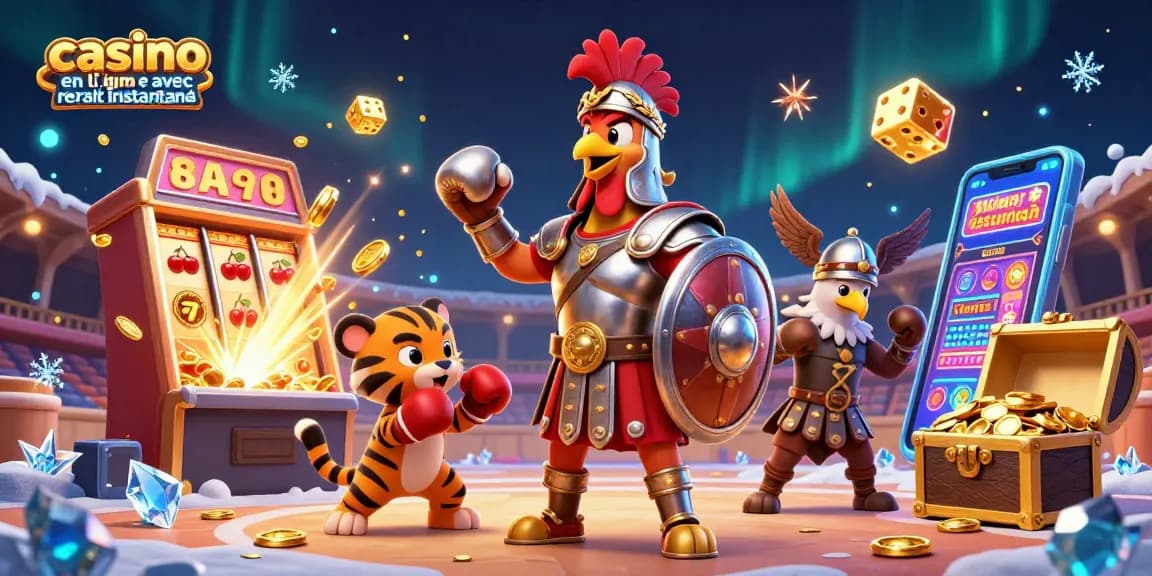 Misez sur des gains avec un casino en ligne avec retrait instantané, où un coq gladiateur se tient victorieux.