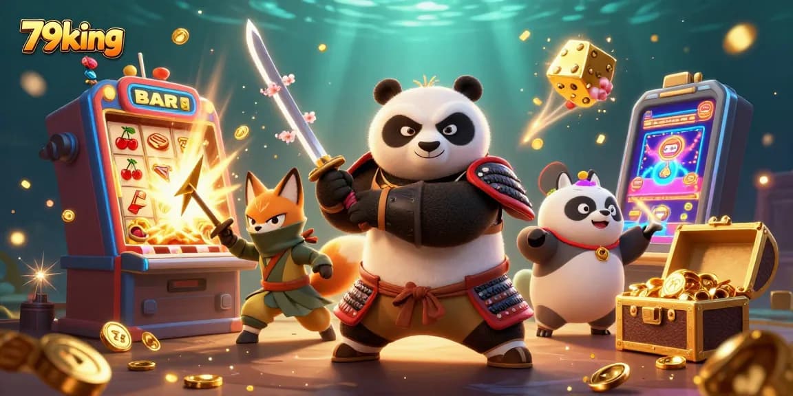 Engage with 79king’s vibrant world as a cartoon panda samurai and companions celebrate a jackpot.