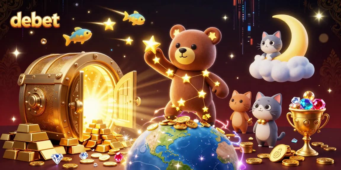 Experience debet gaming excitement with a constellation bear scooping coins amidst shimmering treasures.