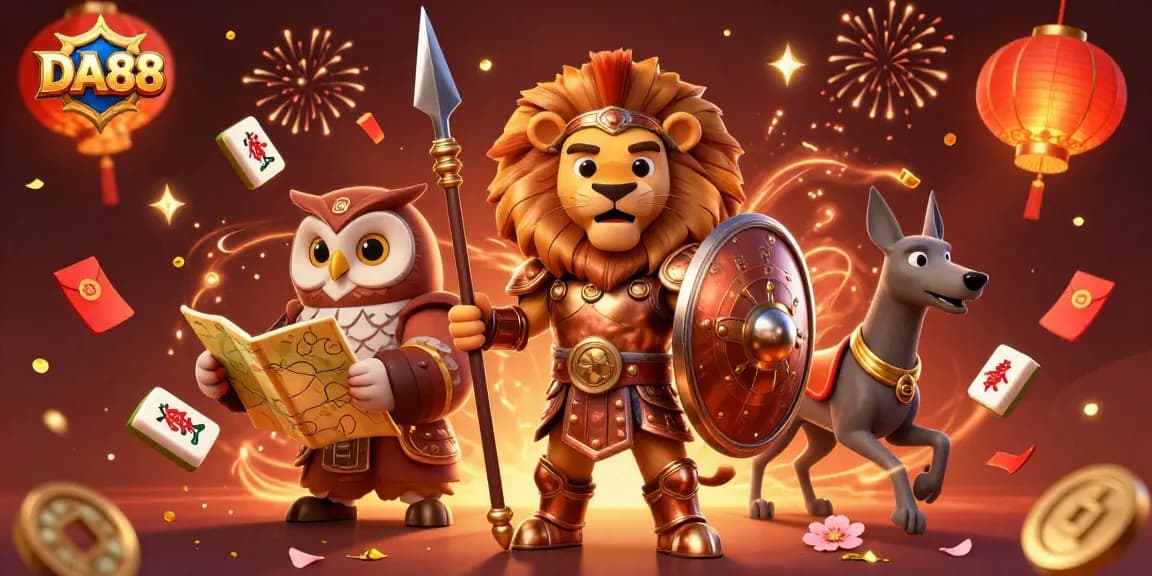 Engage with DA88 as a lion, owl, and greyhound celebrate gambling wins in a vibrant casino scene.
