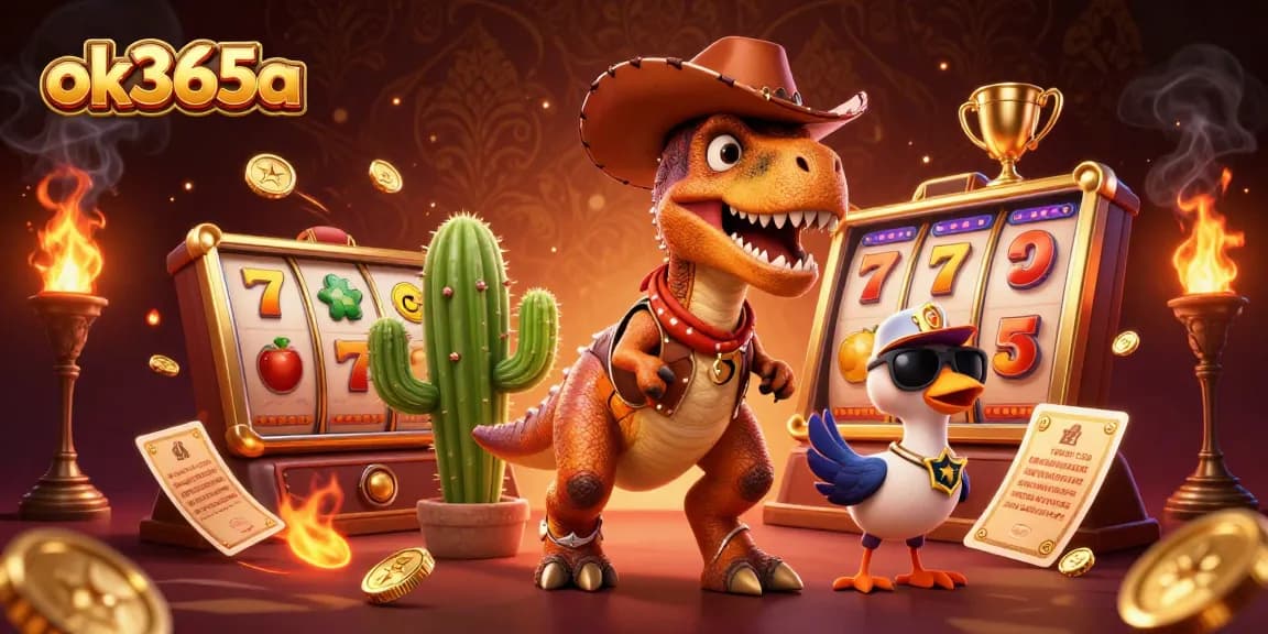 Experience thrilling gameplay with ok365a’s vibrant 3D casino scene showcasing a T-Rex, cactus, and roadrunner.