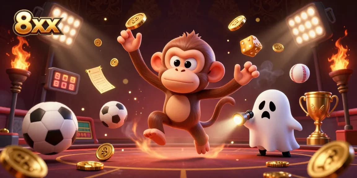 Experience thrilling gaming at 8xx, as a playful poltergeist monkey juggles golden casino treasures.