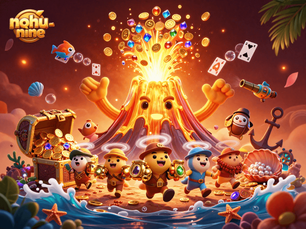 Engage with nohu-nine's thrilling gameplay as treasure erupts from a volcano surrounded by casino elements.
