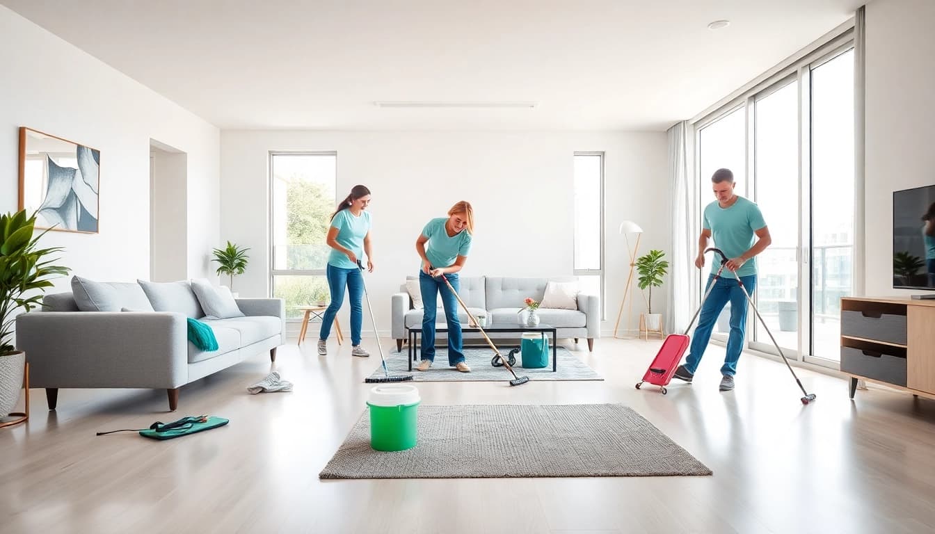 Expert bond cleaning Brisbane team thoroughly cleaning a bright and modern apartment.