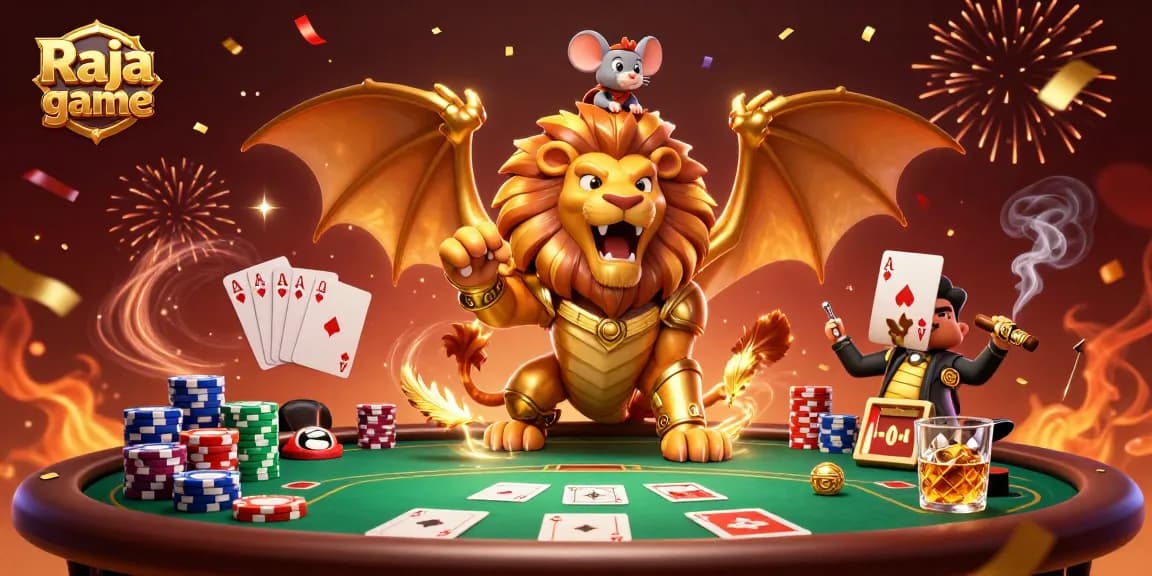 Play exciting poker games in Raja game with a triumphantly roaring chimera and vibrant casino elements.