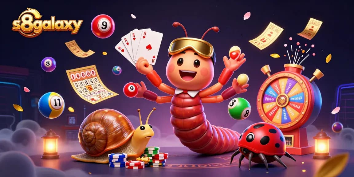s8galaxy showcases a dynamic casino scene featuring a millipede dealer, snail high-roller, and pill bug, surrounded by vibrant game elements.