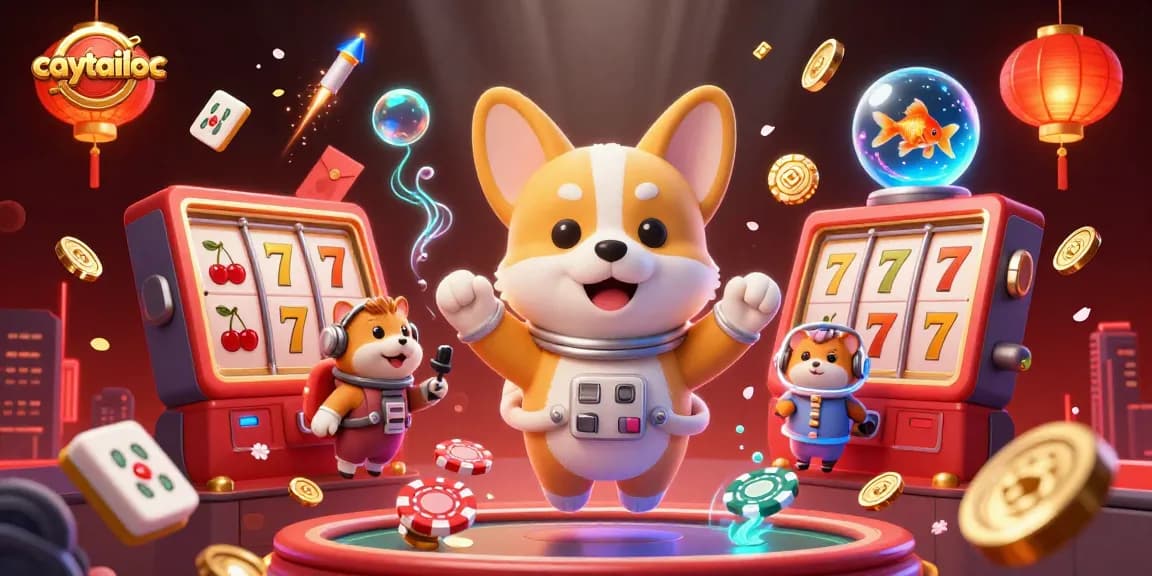 Experience the excitement of caytailoc with floating slot reels, 3D characters, and festive decorations in a vibrant casino scene.