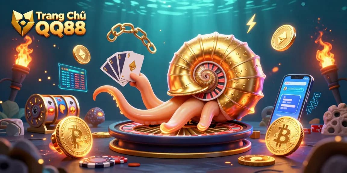 Experience the excitement of Trang Chủ QQ88 with a unique illustration showcasing a giant nautilus roulette wheel surrounded by dynamic gaming elements.