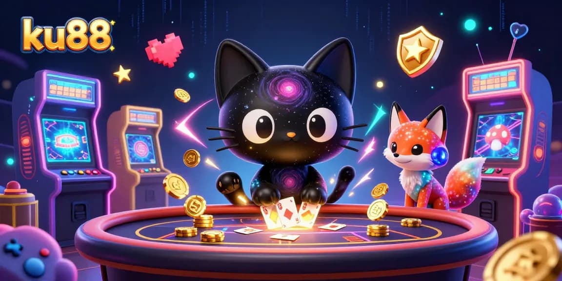 ku88 features a playful black hole cat attracting casino chips and cards at a cosmic gaming table