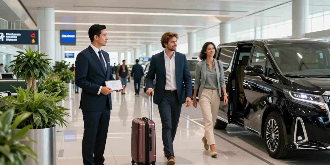 Airport Transfers Service Dubai with professional chauffeur greeting traveler at arrivals in luxurious terminal.