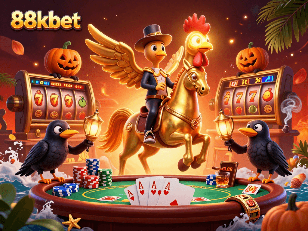 Experience thrilling 88kbet gaming with golden rooster and spectral horse in a vibrant casino setting.