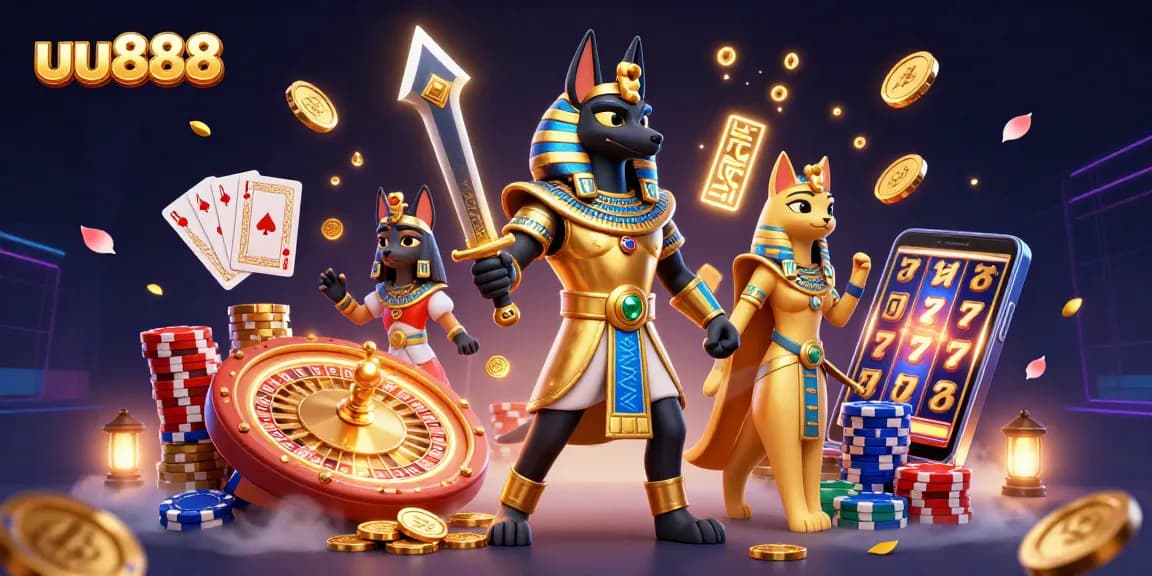 Spin and win at uu888 with Anubis and Bastet in a dynamic casino scene filled with gold coins and high-stakes excitement.