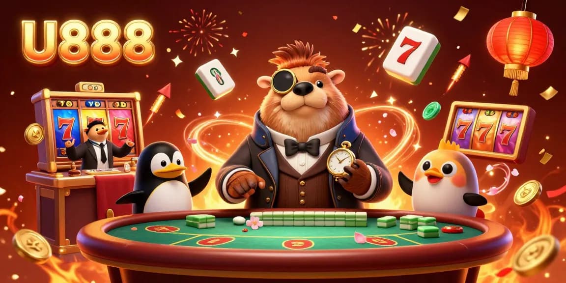 U888 casino experience illustrated with a jolly walrus playing poker alongside a penguin dealer and pufferfish, featuring vibrant slots and confetti effects.