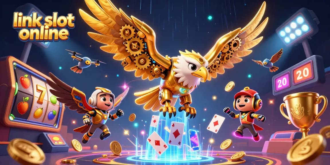 Mengguncang link slot online, elang emas cybernetic dengan sayap mekanis, beraksi di tengah kartu holografis dan simbol buah yang berkilauan.