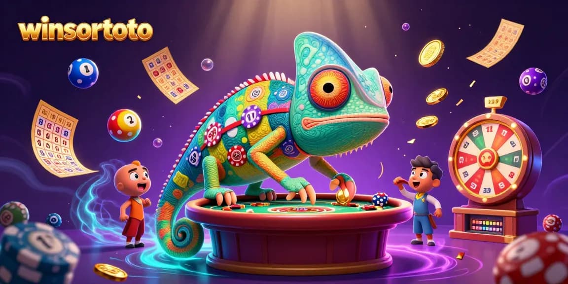 Menghitung peluang besar dengan winsortoto, pemilik kasino chameleon mengawasi permainan di lingkungan dinamis yang penuh warna.