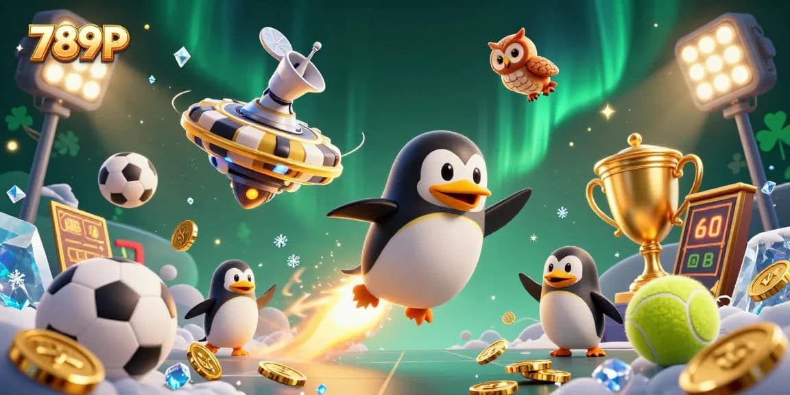 Engage with thrilling 789P gambling action featuring a whimsical penguin in a dynamic casino-themed space.