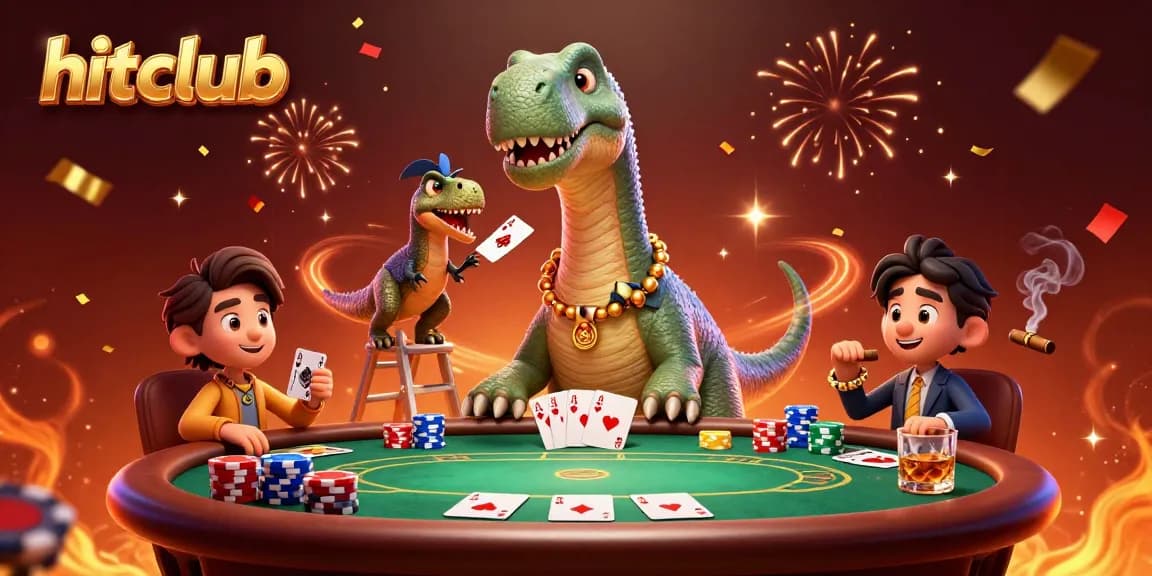 Hitclub scene showcasing a brontosaurus and clever raptor dealing poker cards in a festive casino atmosphere.