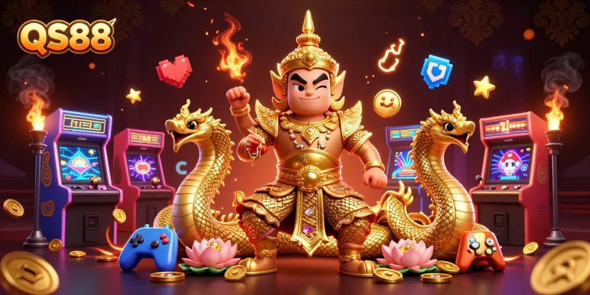 Engage with the thrilling experience of QS88, featuring vibrant characters and casino-style elements in a captivating 3D scene.