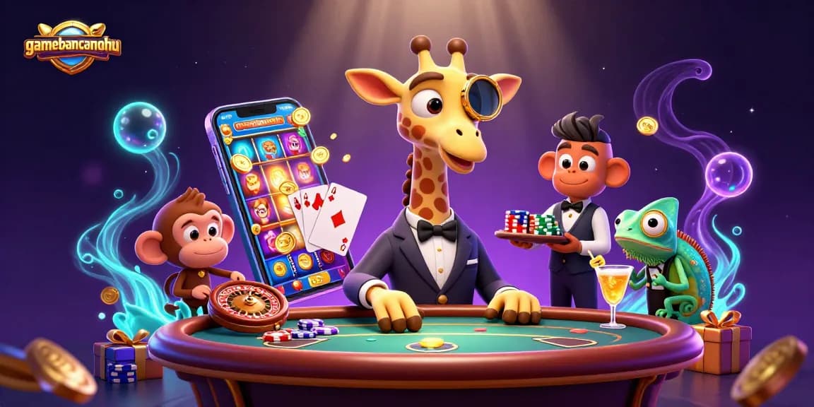 Gamebancanohu scene with a high-roller giraffe and a monkey valet at a VIP poker table