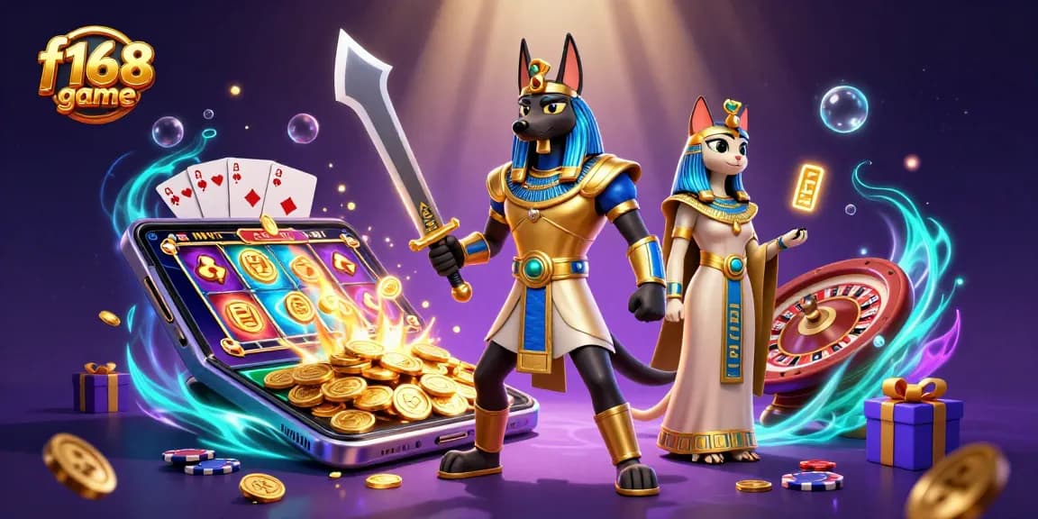 Play the f168 game with Anubis and Bastet amidst a vibrant 3D casino scene