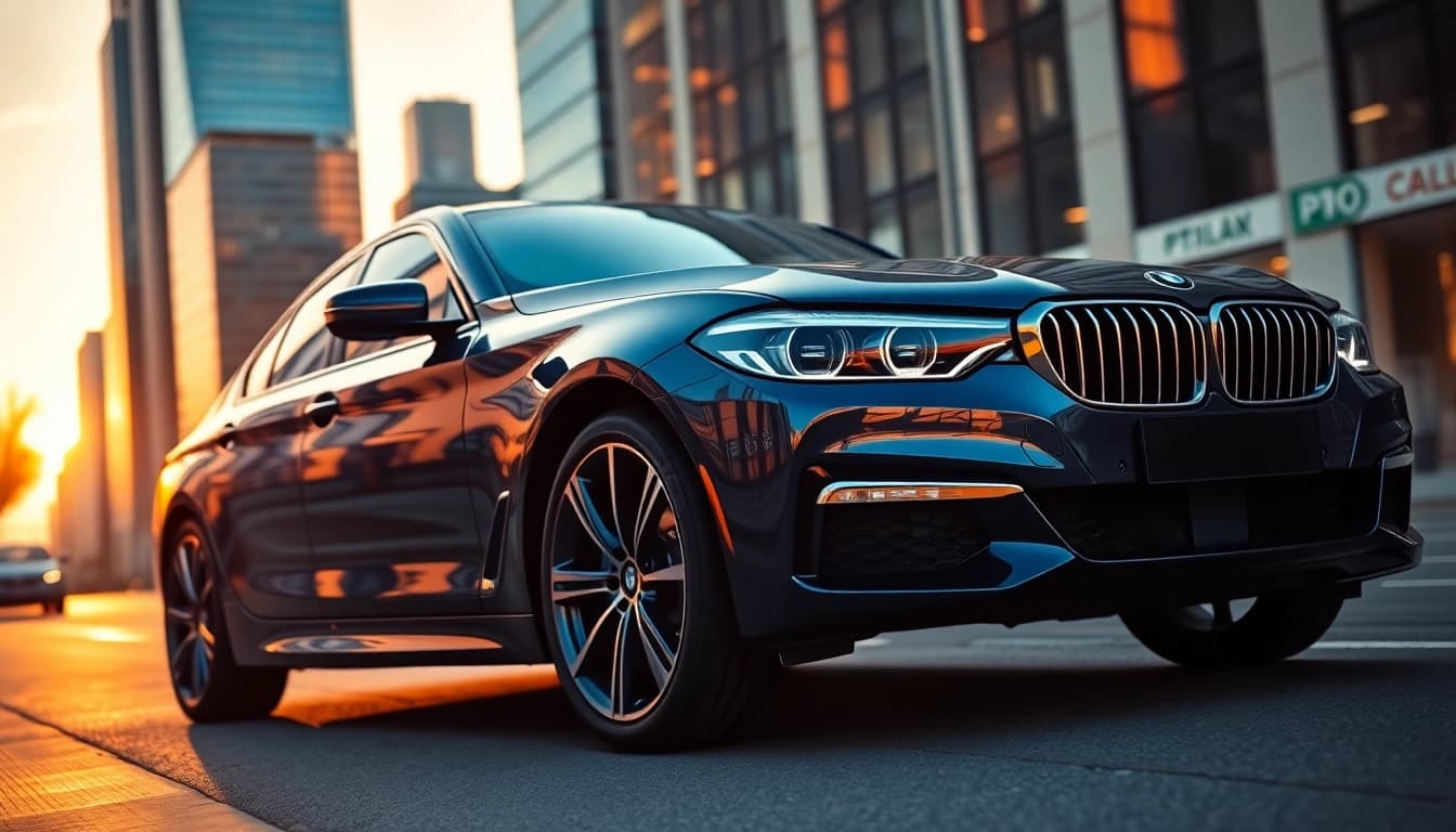 Showcase of a Luxury BMW car highlighting its sleek design and urban elegance.