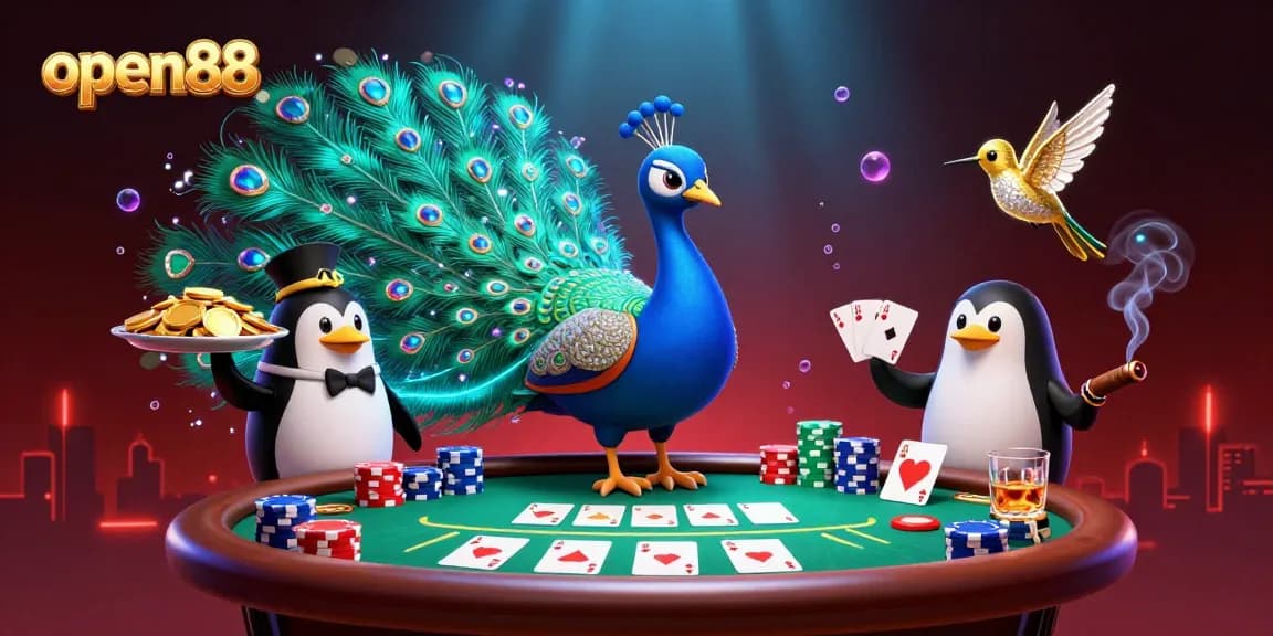 Open88 branding illustration featuring an aristocratic peacock, golden chips, and poker elements.