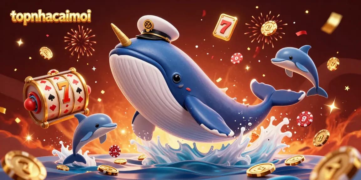 Engage with topnhacaimoi in a vibrant casino scene featuring a whale and dolphins with slot machines.