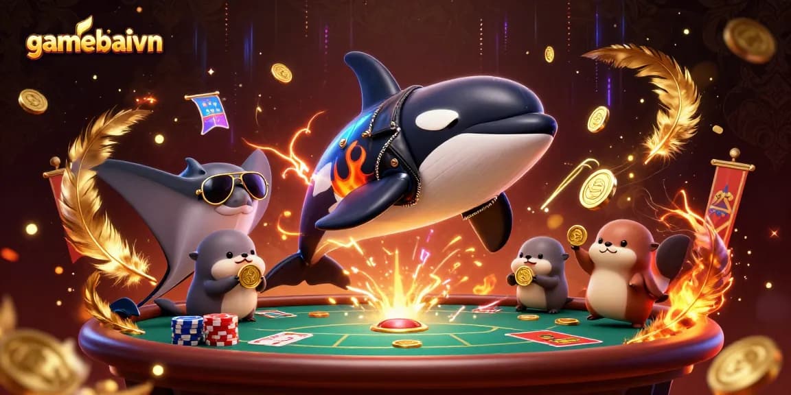 gamebaivn showcases a vibrant poker scene with cartoon characters winning big.