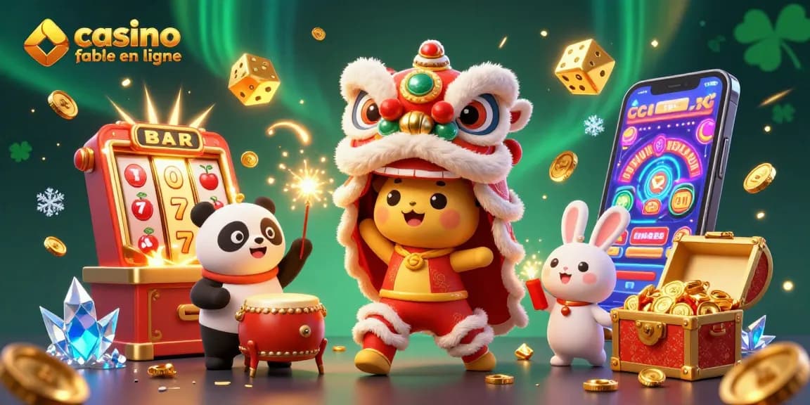 Plateforme ludique dynamique représentant un casino fiable en ligne avec des éléments festifs et des personnages animés.