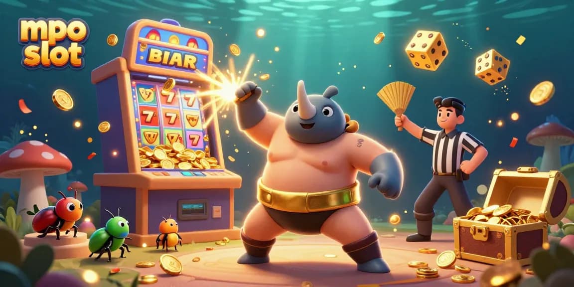 Experience thrilling mpo slot gameplay with a vibrant 3D illustration of a championship beetle and exciting casino elements.