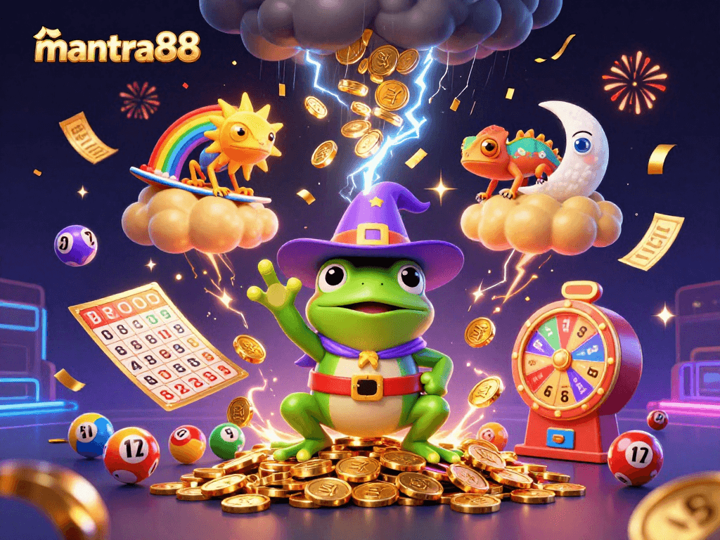 Win big with mantra88 as the wizard frog conjures a storm of coins in this vibrant 3D casino scene.