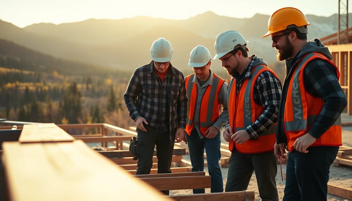 Highlighting prevailing wage Colorado construction workers collaborating on-site amidst a scenic backdrop.