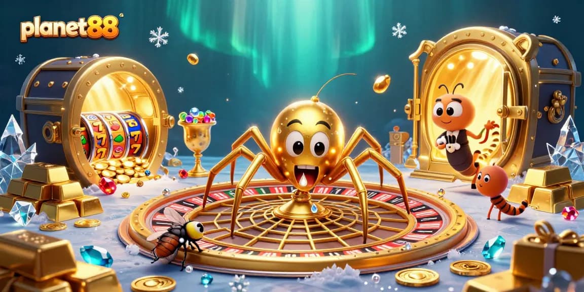 Spin the roulette web at planet88 with golden treasures and vibrant casino elements.