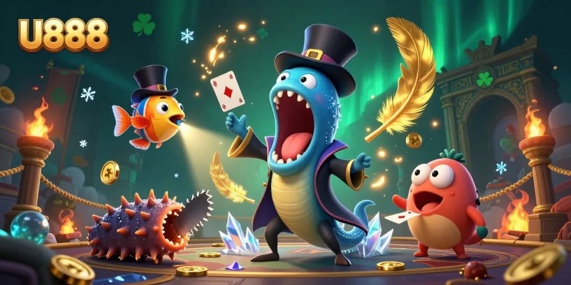 U888 casino experience with an eel magician performing card tricks in an underwater casino setting.